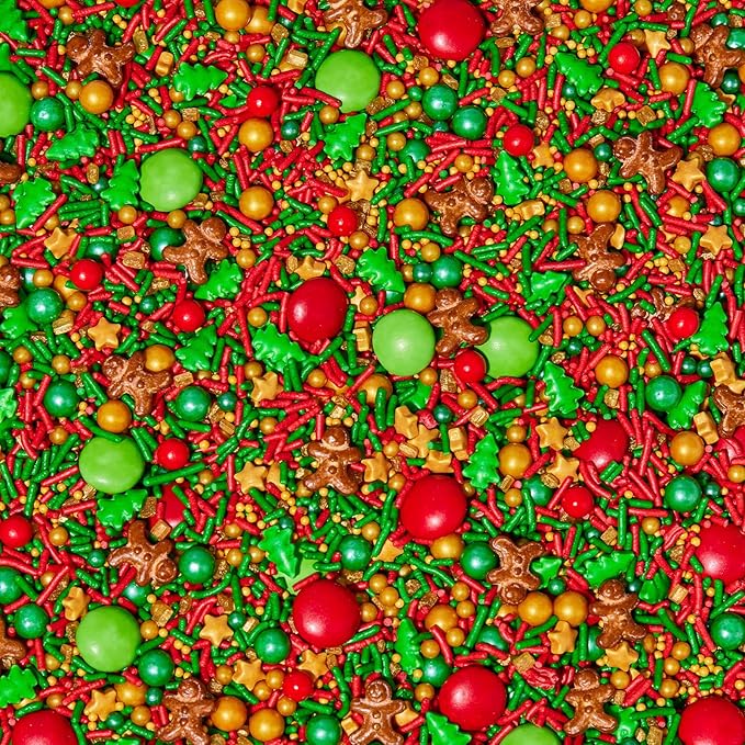 Fancy Sprinkles Limited Edition Holiday Holladaze Sprinkles Red, Green and Gold Blend of our ignature Crunchy Jimmies, Candy Trees, Stars and Gingerbread Men, and Chocolate Gems (0.25c)