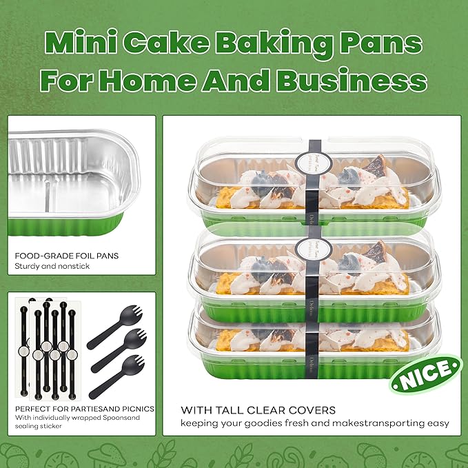 50 PACK Mini Cake Pans with Lids and Spoons, Rectangular Aluminum Foil Bread Pan, Mini Loaf Pans and Food Containers with Lids(Grass Green, 6.8oz)