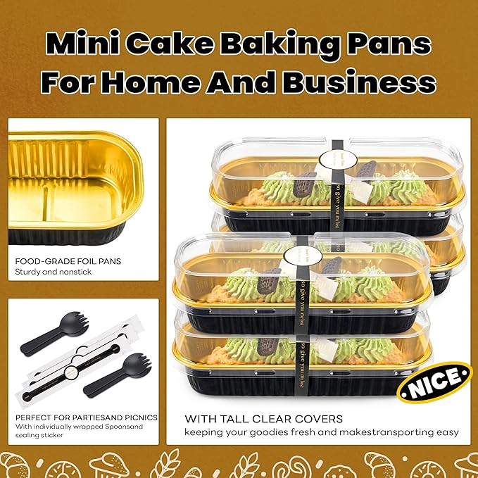 50 Pack Mini Cake Pans with Lids and Spoons Black Gold Rectangular Aluminum Foil Baking Pans Mini Cheesecake Containers(6.8oz)