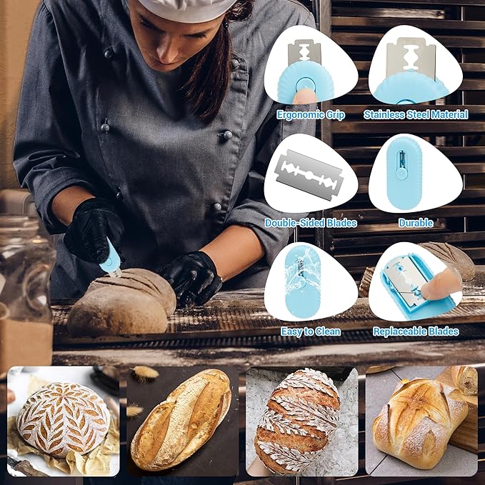UFO Non-Slip Bread Lame - Professional Dough Scoring Tool with 5 Razor Blades, Sourdough Scorer Kit for Artisan Bread Baking,Including User Manual (Ripple Blue)