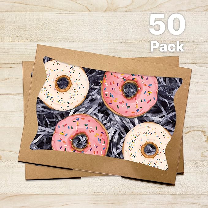 Bubbley Kraft Paper Bakery Boxes - 50-Pack Pastry Boxes with Window for Cookies, Chocolate Covered Strawberries, Macarons, and Muffins, Dessert Disposable Packaging, 8 x 6 x 2.5 Inches