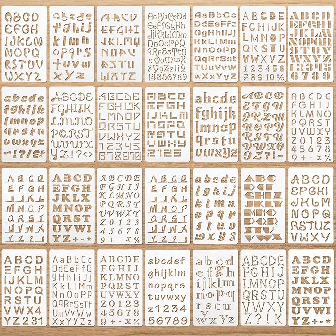 28 Pcs Plastic Letter Number Stencil for Painting Reusable Alphabet Journal Font Template Calligraphy Letter Stencil for Notebook Diary Scrapbook DIY Drawing Wood Glass Door Holiday Decor