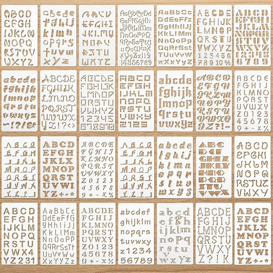28 Pcs Plastic Letter Number Stencil for Painting Reusable Alphabet Journal Font Template Calligraphy Letter Stencil for Notebook Diary Scrapbook DIY Drawing Wood Glass Door Holiday Decor