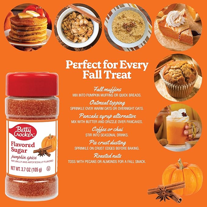 Betty Crocker Pumpkin Spice Flavored Sugar – Finishing Sugar, Fall Flavor Dessert Topping for Cookies, Cakes & Coffee, 3.7 oz