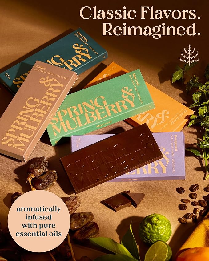 Spring & Mulberry Holiday Dark Chocolate Bars - Refined Sugar Free Dark Chocolate Sweetened w/Dates, Gluten Free Holiday Bars, Vegan Bar Treats - Essence Gift Set