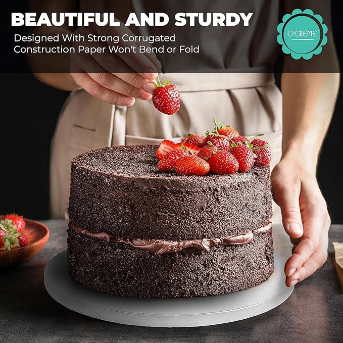 O’Creme Cake Board, White Round Cake Circles with Gorgeous Design, Sturdy & Durable 1/2” Thick Cake Drums, Round Cake Boards with 12” Diameter, Pack of 5 Disposable Cake Drums