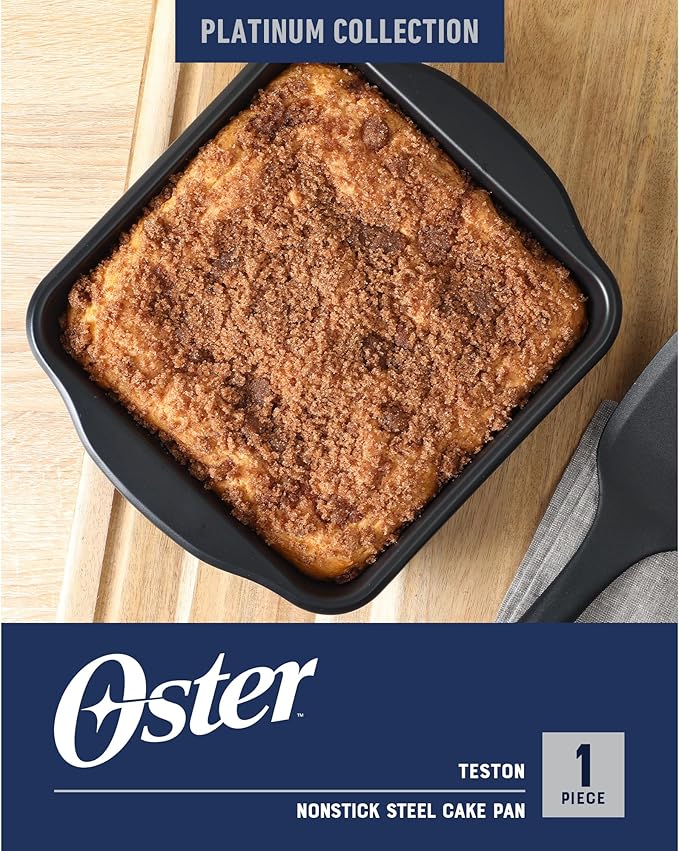 Oster Teston 8-Inch Square Cake Pan, Nonstick Carbon Steel Baking Pan, Matte Black, PFAS-Free, Oven-Safe, Easy Release Bakeware