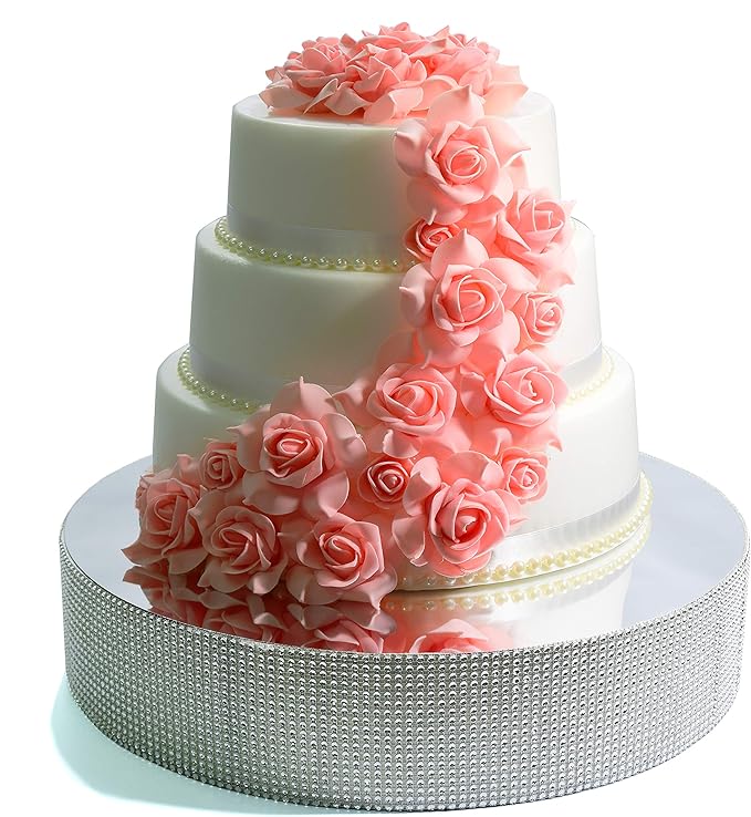 Cakebon Cake Stands - 12" Silver with Faux Rhinestones for Cakes and Pastries - Lightweight Polystyrene Foam for Party, Sturdy Wedding Cake Stand