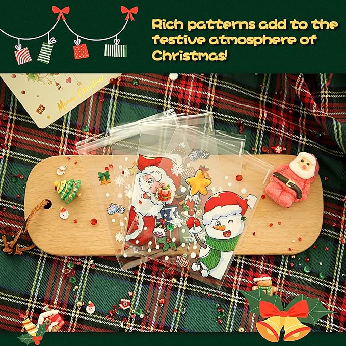 Christmas Cellophane Bags Biscuit Roasting Treat Bags Individual Wrappers Self Adhesive OPP Cookie Bakery Present Gift DIY Candy Decorating Favor Bags (4x4 Inch, 200Pcs)
