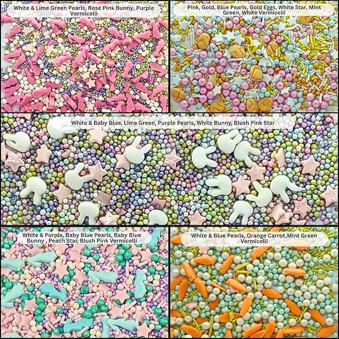 Confect Spring Sprinkle Mix – 5-Pack Bunny-Themed Edible Sprinkles | Pink, White & Blue with Stars, Pearls & Vermicelli | Perfect for Cakes, Cupcakes, Cookies & Baking | Vegan, Gluten-Free, Nut-Free, Soy-Free, Dairy-Free, Palm Oil-Free- 5 Oz