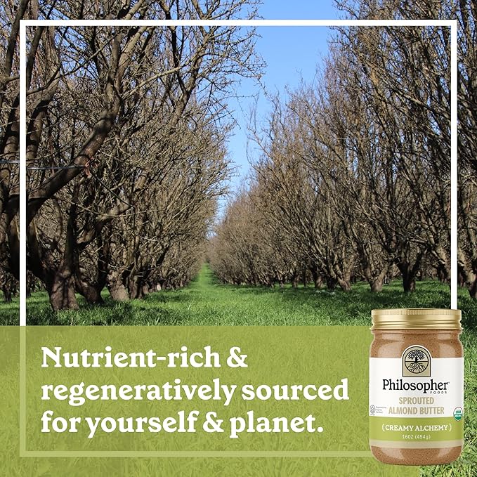 Philosopher Foods - Creamy Alchemy Organic Sprouted Almond Nut Butter - 16 oz - Stone Ground Regenerative Organic Creamy Almond Butter with Coconut Oil, Vanilla, and Ancient Seabed Salt