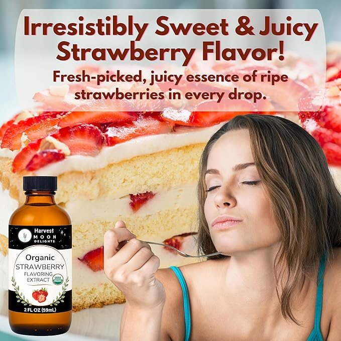 Organic Strawberry Flavoring Extract for Baking, Ice Cream, Drinks, and Candy - 2 oz - Water-Soluble - By Harvest Moon Delights - Pure Strawberry Extract and Flavoring