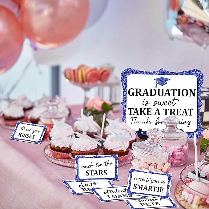 20PCS Graduation Candy Buffet Labels, 1 Blue Glitter Candy Buffet Table Sign with Stand, Catering Supplies Display for Graduation Decorations Class of 2026 -A01