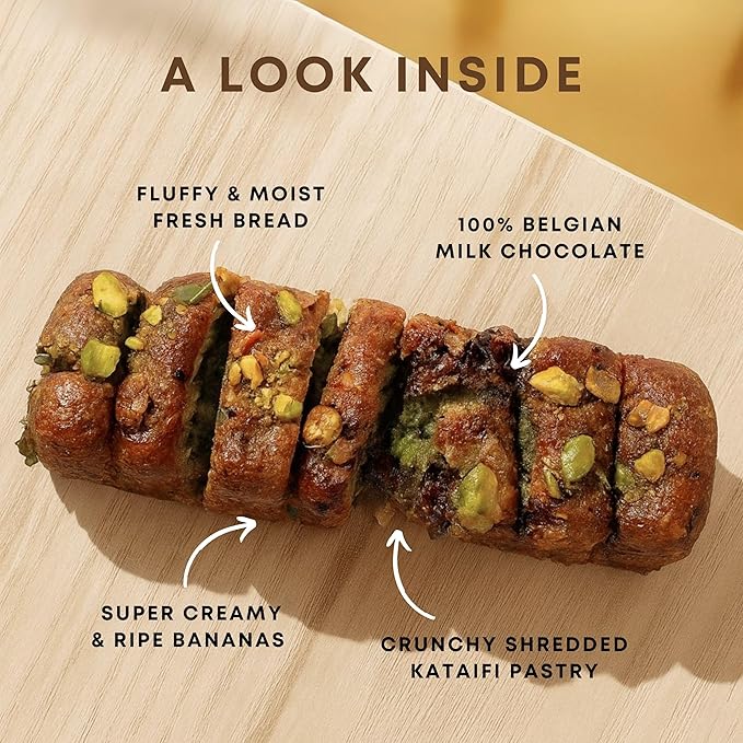Gourmet Dubai Chocolate Chip Banana Bread by Sweetness Central, 6 Mini Loaves, Individually Wrapped, Pistachio Cream & Kataifi Pastry Crunch, Dubai Chocolate Filling