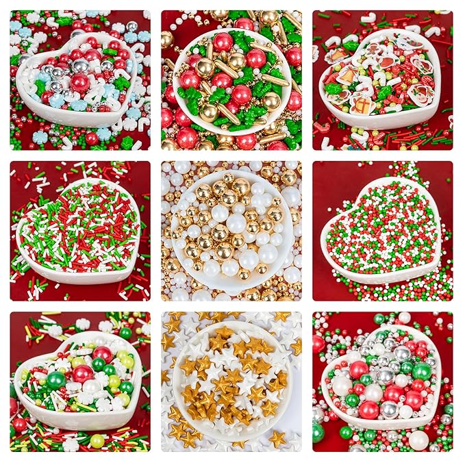 Edible Christmas Sprinkles for Cake Decorating,4 Pack 12 oz,Red White Green Gold Pearls and Christmas Confetti Trees Candy,Nonpareils Sprinkle,Red Sanding Sugar Holiday sprinkle for Cupcake Toppers, Cookie, Ice Cream Decorations Christmas Party