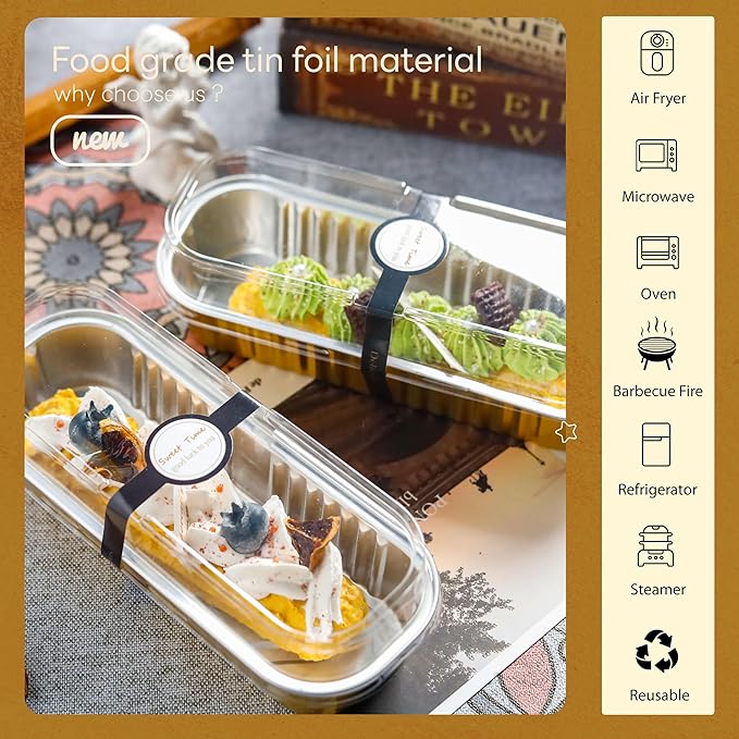 100 PACK Mini Cake Pans with Lids and Spoons, Rectangular Aluminum Foil Bread Pan, Mini Loaf Pans and Food Containers with Lids(Gold, 6.8oz)
