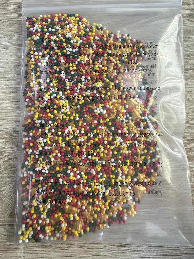 Morofme 3.5 oz Christmas Sprinkles Christmas Bells Sprinkle Edible Holiday Sprinkle Cake Topper Christma Candy Sprinkles Mini White Red Green Pearl Mix Golden Star for Dessert Cookie Cup Edge Decor