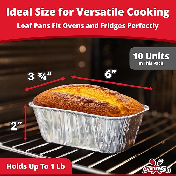 Chef-Grade Extra Thick 6 x 3.75in 1Lb Foil Loaf Pans 10 Pk. Best Disposable Bakeable Aluminum Tin Pan for Baking Bread, Small Meatloaf or Lemon Bundt Cake for Holiday Gifts, Bake Sales or Fundraisers.