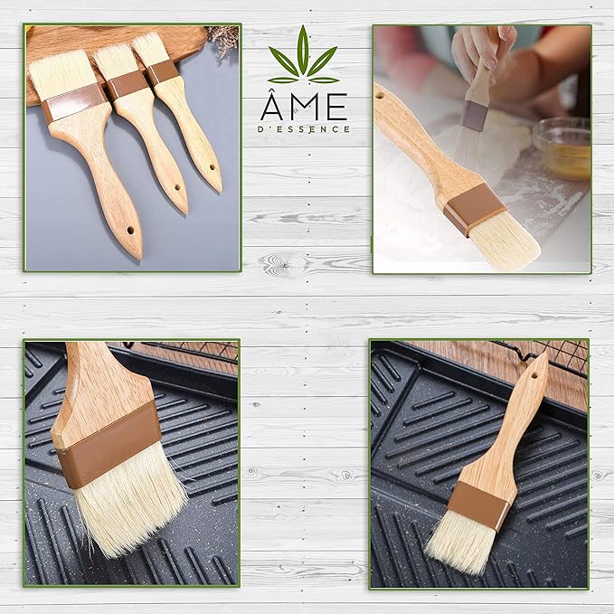(Set of 3) AME D'ESSENCE 1"x 2" x4" Wide Boar Pastry Brushes, Wooden Handle, Heat Resistant Bristle Basting Brush, Baking Tool, and Food Preparation
