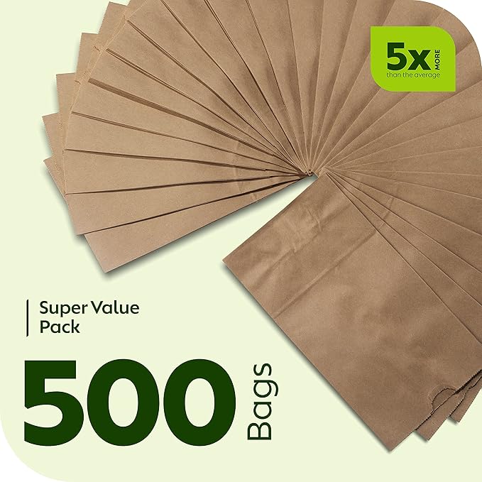 Culinware Kraft Paper Bags - Durable Brown Bags for Snack, Lunch, Sandwich, Pastries, Popcorn, Grocery and Party Favor - 4.75 x 2.93 x 8.56 In - 500 Count