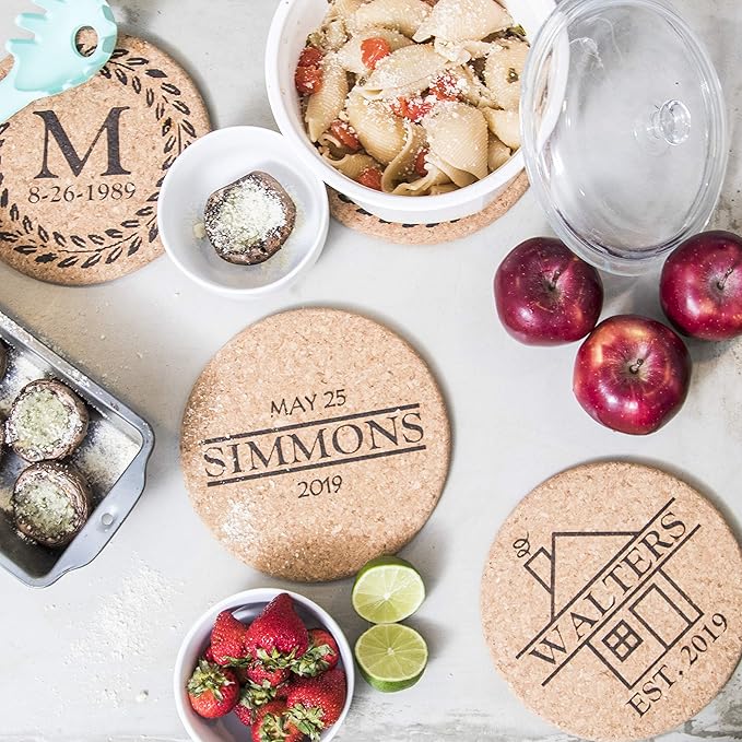 Custom Catch Personalized Cork Trivet Gift - (2) 7" Hot Pads - Customizable Housewarming Trivets with Home Design for Dishes, Pots, Pans, Baking Sheets, Plates for Table, Countertop, Kitchen
