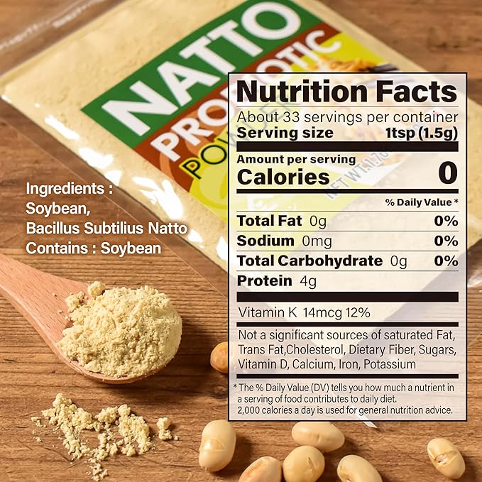 YAMASAN KYOTO UJI Japanese Natto Fermented Soybean Powder, Freeze-Dried Natto Powder, Vitamin K, Japanese Probiotic and Prebiotic Superfood – Low Sodium, Non-GMO, Vegan, Made in Japan 50g(1.76oz)