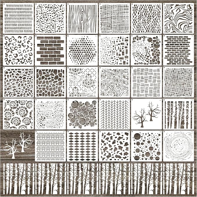 30pcs Texture Stencils for Crafts Reusable Mixed Media Geometric Brick Cubist Leopard Wood Grain Stencil Layering Stencils for Painting on Wood Wall DIY Background Furniture Card Canvas(texture30)