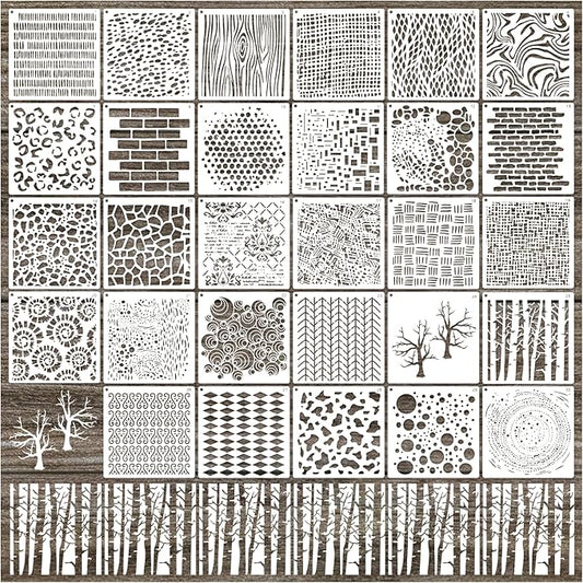 30pcs Texture Stencils for Crafts Reusable Mixed Media Geometric Brick Cubist Leopard Wood Grain Stencil Layering Stencils for Painting on Wood Wall DIY Background Furniture Card Canvas(texture30)