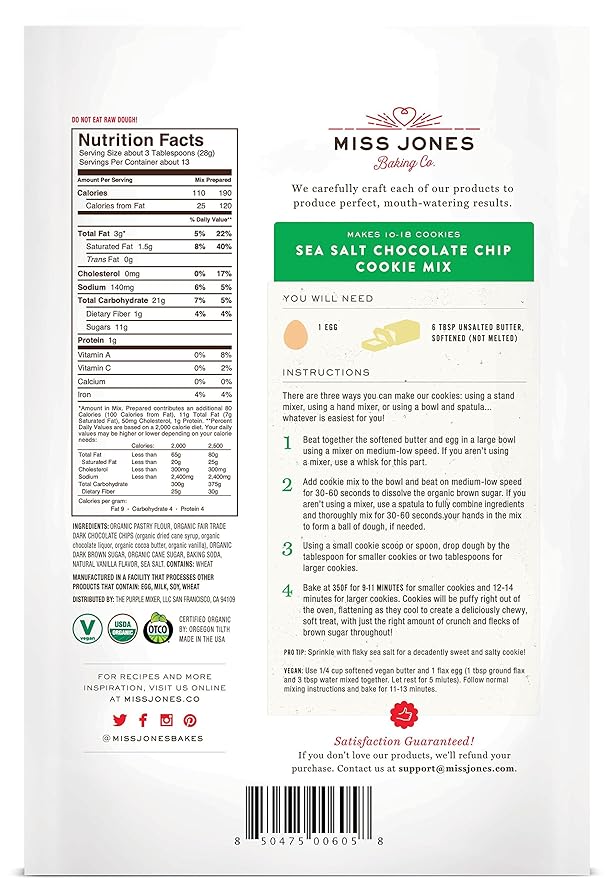 Miss Jones Baking Organic Cookie Mix, Non-GMO, Vegan-Friendly, Packed with Morsels: Chocolate Chip (Pack of 3)