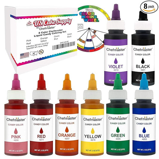 U.S. Cake Supply Large 2-ounce Bottles of each Liquid Candy Food Color 8 Bottle Kit with Mixing Wheel for Chocolate and Candy Coloring