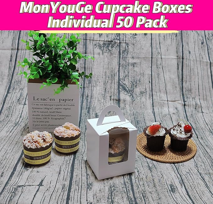 50-Set Individual Cupcake Boxes Bulk with Clear Display Window, Disposable Food Grade White Cupcake Carrier Cupcake Container, Perfect for Cupcakes Muffins Cookies Pastries