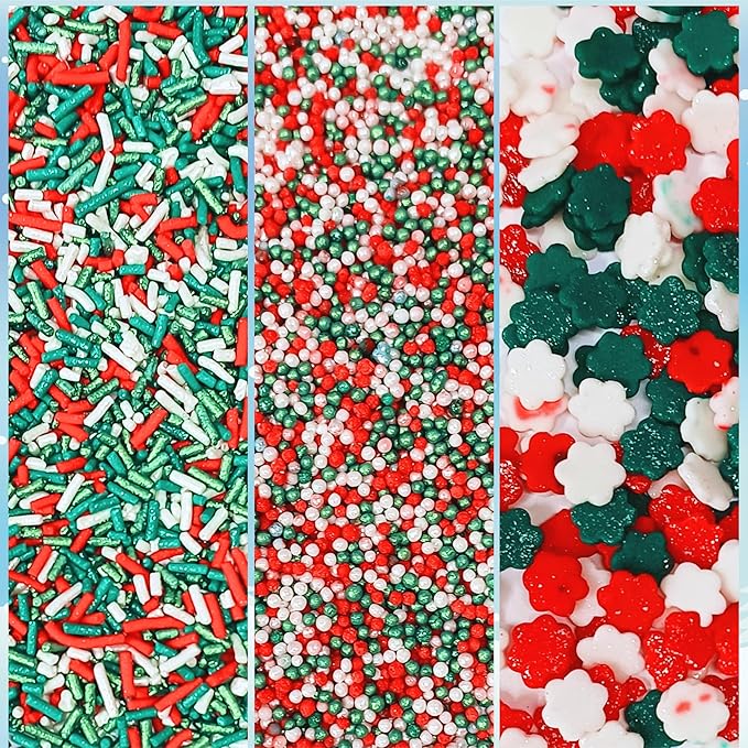 Confect Christmas Sprinkles | Christmas Sprinkles - Snowflakes in Red, Green & White I Confetti Pearls & sparkling for Dessert Decorating