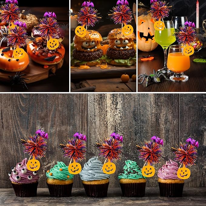 24pcs Halloween Foil Firework Cupcake Toppers Happy Halloween Theme Cupcake Picks Decoration Cocktail Fruit Toothpick for Fall Party