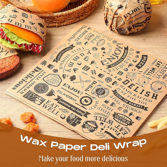 Outus 600 Pcs 10 x 10 Inch Deli Wax Paper Sheets Grease Resistant Tray Basket Liners Newsprint Paper Water and Grease Proof Sandwich Wrapping Square Hot Dog Wrappers for Food Baking (Brown)