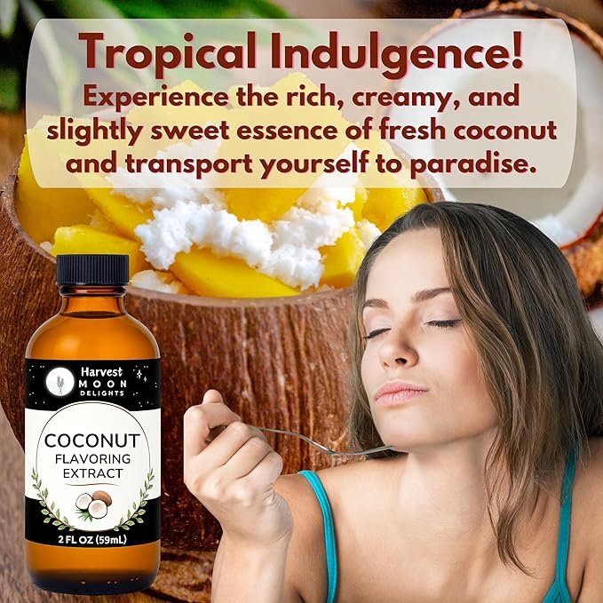 Natural Coconut Extract - 2 oz - Water-Soluble - By Harvest Moon Delights - Coconut Extract for Baking, Ice Cream, Drinks, and Candy - Flavoring, Flavor - Sugar-Free