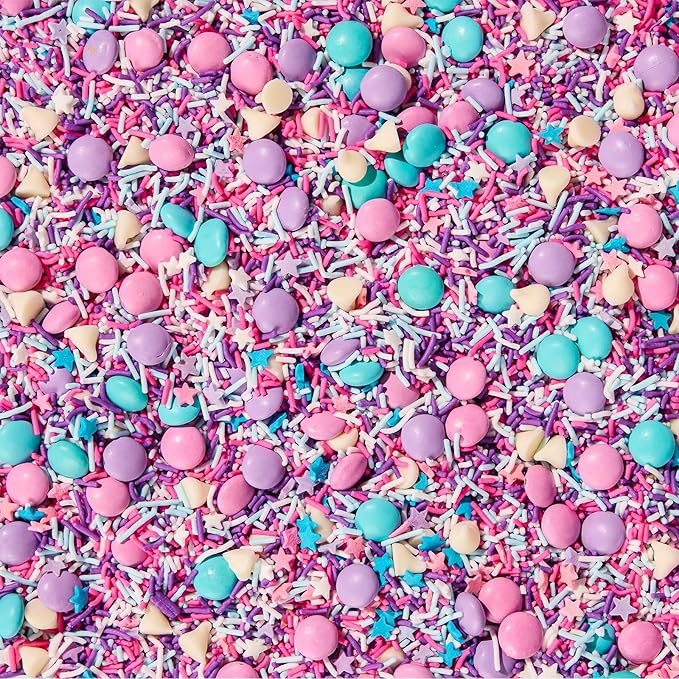 Fancy Sprinkles Unicorn Baking Confetti Sprinkles and Chocolate Pieces, Crunchy Jimmies, Chocolate Gems, Candy-Coated Chocolatey Morsels, Star Confetti Pieces, And White Morsels 8 oz Bag (2 Pack)