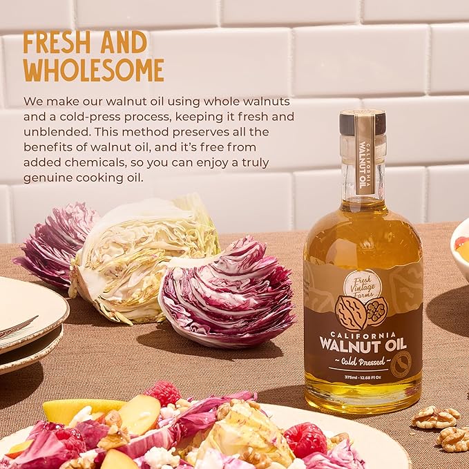 Fresh Vintage Farms Nut Bundle 100% Cold Pressed Walnut & Garlic Almond Cooking Oils | Cold Pressed & Nutritious Healthy Oils for Cooking, Baking, Dipping, Salads, & Marinades | 375ml, Pack of 2