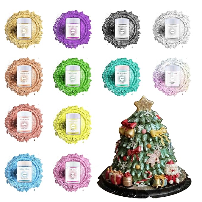 Christmas Edible Glitter 12 Colors Set, Food Grade Metallic Shimmer Dust for Food Decoration, Rainbow Drink Glitter for Cocktails Champagne Beverages, Vegan, Gluten Free, Nut Free-3g/Bottles