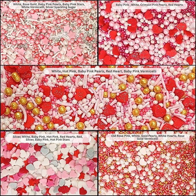 Confect Pink, Red & White Pearls Sprinkles | Mix Hearts Sprinkles | Anniversary Sprinkles for Baking & Cake Decorative | Cookie sprinkles | Edible sprinkles Mix Pack of 5 - Vegan, Gluten-Free, Nut-Free, Soy-Free, Dairy-Free, Palm Oil-Free -5 Oz