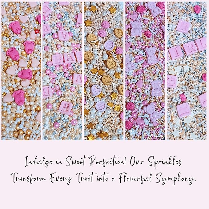 Confect Girls Baby Shower Sprinkles | Mix Blush Pink & Gold Button, Teddy & Heart Sprinkles | edible Sprinkles for Cake & Cupcake Sprinkle Pack of 5 | Vegan, Gluten-Free, Nut-Free, Soy-Free, Dairy-Free, Palm Oil-Free - 5 Oz