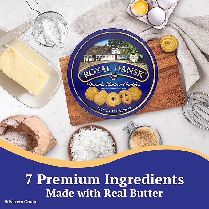 Royal Dansk Danish Butter Cookie Selection, 12 oz Tin – Authentic Assortment of Original Butter Cookies Made with Real Butter, No Preservatives or Artificial Colors, Perfect for Gifting