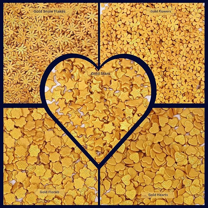 Confect Christmas Sprinkles | Gold Sprinkles | Mix Heart & Star | Flower & Snowflakes For Cake Decorating Sprinkle | Edible Sprinkle for Cupcakes - Vegan, Gluten-Free, Nut-Free, Soy-Free, Dairy-Free, Palm Oil-Free- 5 Oz