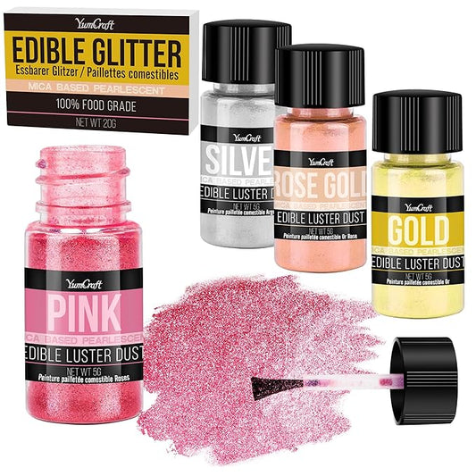 Edible Glitter Set, 4 Colors Luster Dust Edible Powder for Cake Decorating, Food Grade Vegan Edible Glitter for Drinks, Cocktails, Shimmer Metallic Food Coloring Powder for Chocolate(5g/Bottle)