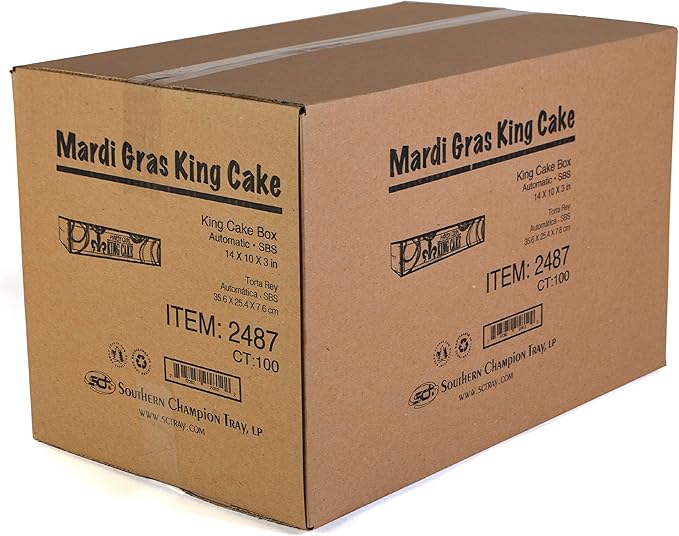 SCT Mardi Gras King Cake Window Boxes, 14 x 10 x 3, Green/Purple/White, Paper, 100/Carton