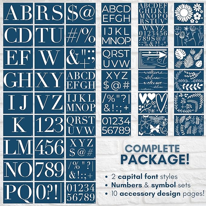 Boutique Stencil Template Kit | 45 Reusable Pieces | Includes Lettering Uppercase Both Large and Small | Numbers, Punctuation, Butterfly, Animal, Bee, Leaf & Flowers | for Arts Crafts Painting Wood