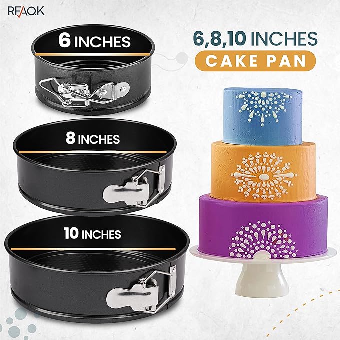 RFAQK Springform Pan Set of 3 - Non-Stick Leakproof Round Cake Pans (6", 8", 10") with 90 Pcs Parchment Paper Liners and Bonus Ebook - Perfect for Cheesecakes, Baking, and More!"