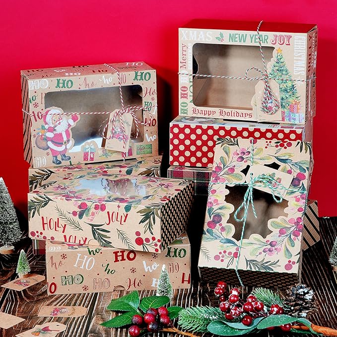 48 Christmas Cookie Boxes, Bulk Large Christmas Kraft Paper Treat Boxes with Tags & Ribbons, 6 Styles Holiday Cookie Boxes for Gift Giving, Xmas Cookie Tins with Lids for Cake, Bakery, Donuts