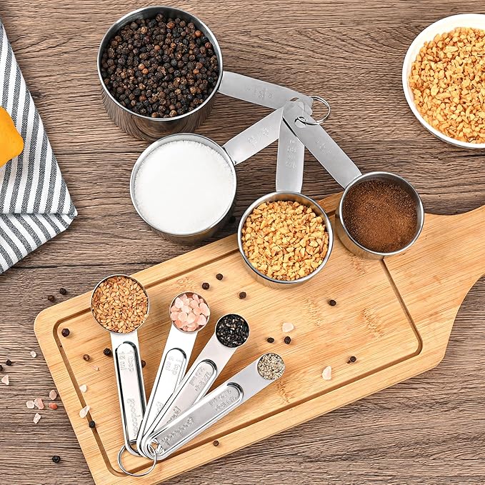 Measuring Cups and Spoons Set,Stainless Steel 8 Piece Nesting Measuring Tools for Dry & Liquid Ingredients, Kitchen Gadgets for Cooking and Baking, Includes 4 Cups and 4 Spoons