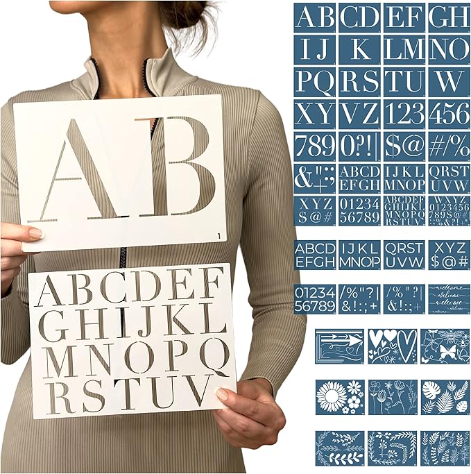 Boutique Stencil Template Kit | 45 Reusable Pieces | Includes Lettering Uppercase Both Large and Small | Numbers, Punctuation, Butterfly, Animal, Bee, Leaf & Flowers | for Arts Crafts Painting Wood