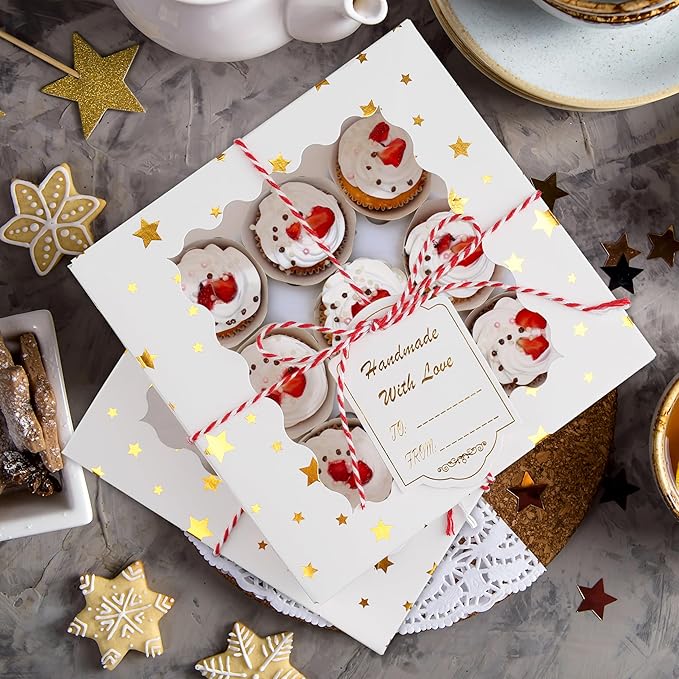 24 Pack 6X6X3 Christmas Cookie Boxes with Window,Gift Giving Gold Foil Star White Bakery Boxes for Mini Cake Pastry,Dessert Cupcakes,Candy Donut Packaging.